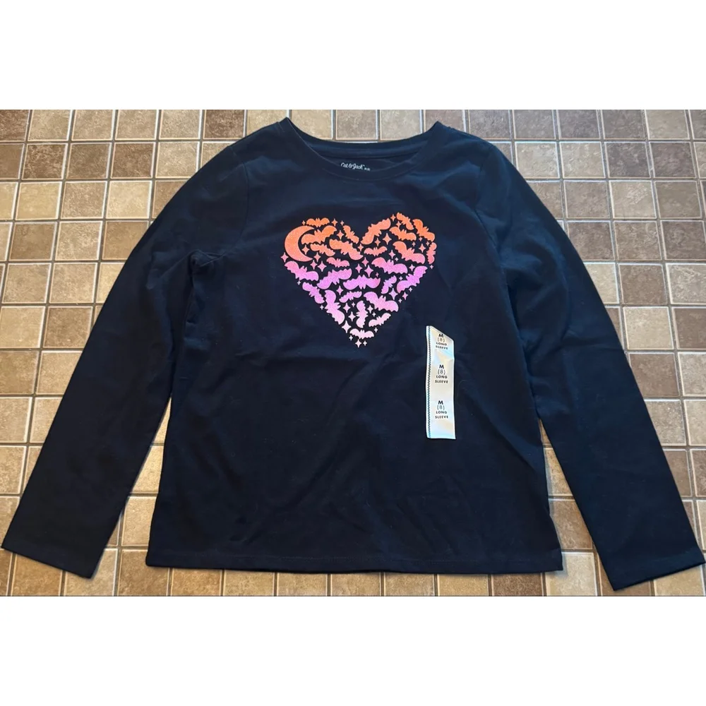 Girls Cat & Jack Long Sleeve Tee M Black Pink Bat Heart